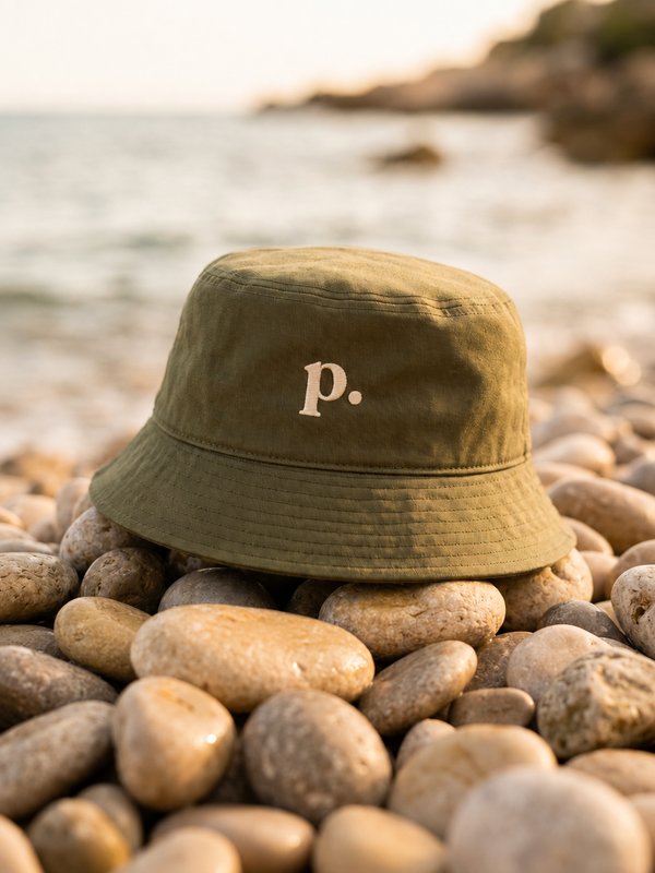 Piedino olive bucket şapka deniz kenarında